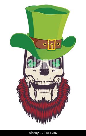 Abstrakter menschlicher Schädel mit Kleeblatt-Blättern-Design für St. Patrick's Day. Stock Vektor