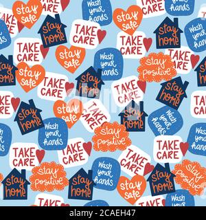Coronavirus Covid-19 Schriftzug Aufkleber nahtlose Vektor-Muster. Bleiben Sie zu Hause, waschen Sie Ihre Hände, achten Sie darauf, bleiben Sie sicher Hintergrund. Vektorgrafik. Verwenden Stock Vektor