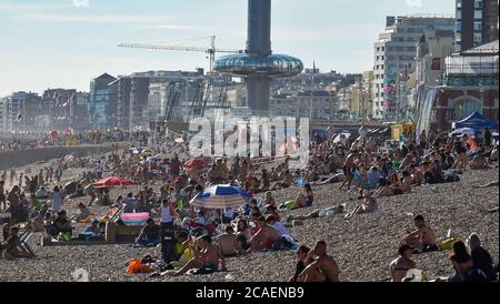 Brighton UK 6. August 2020 - Brighton Beach ist an einem schönen sonnigen Abend überfüllt, da die Temperaturen morgen wieder über 30 Grad im Südosten erreichen werden : Credit Simon Dack / Alamy Live News Stockfoto