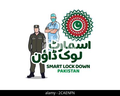 Smart Lockdown pakistan geschrieben in Urdu Kalligraphie für das Bewusstsein in COVID19 Stock Vektor