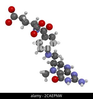 Levomefolsäure oder 5-Methyltetrahydrofolat-Molekül. 3D-Rendering. Atome werden als Kugeln mit konventioneller Farbkodierung dargestellt: Wasserstoff (weiß) Stockfoto