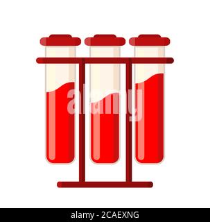 Medizinischer Bluttest. Ein medizinischer Schlauch mit roter Flüssigkeit. Vektorgrafik, flacher Stil. Isoliert auf weißem Hintergrund. Stock Vektor