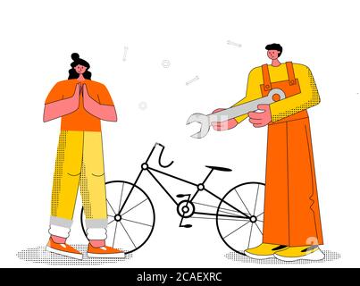 Fahrradreparatur. Vektordarstellung im flachen Stil. Stock Vektor