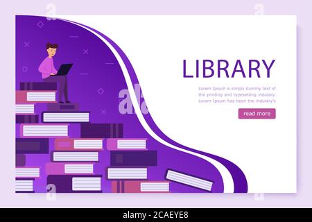 Vorlage für Landing-Page. Bibliothek Online. Ein großer Stapel von Büchern auf ihnen sitzt ein Student und lernt. Vektor-Illustration in modernem flachen Design. Stock Vektor