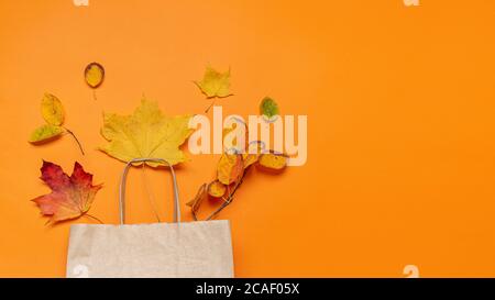 Herbstblätter in Bastelpapierbeutel auf orangefarbenem Hintergrund. Blick von oben. Konzept Herbstangebot. Banner mit Kopierbereich. Stockfoto