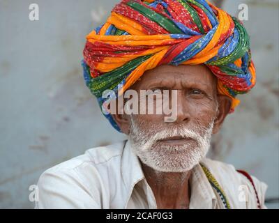 Old Indian Rajasthani Mann mit Schnurrbart trägt eine bunte Rajasthani Turban (Pagari) und schaut auf die Kamera. Stockfoto
