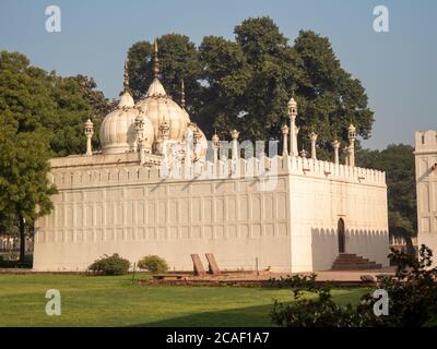 DELHI, INDIEN - 15. MÄRZ 2019: Die schöne weiße Marmor moti Masjid Moschee an roten Fort Stockfoto