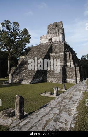 Vertikale Aufnahme des Tikal-Tempels in Tikal, Guatemala Stockfoto