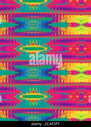 Abstrakter komplexer psychedelischer Vintage-Hintergrund in lebendigen Farben. Bunt verzerrte Neon Formen Party Poster. Stockfoto