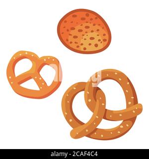 Bayrische Brezel und Brötchen auf weißer, isolierter Kulisse. Süße Bäckerei Snack für Einladung oder Geschenkkarte, Notebook, Bier Pub Logo, Sammelalbum. Telefontasche oder Stock Vektor