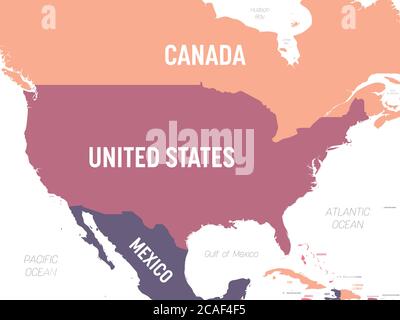 USA-Karte. Hoch detaillierte politische Karte der Vereinigten Staaten von Amerika und der Nachbarländer mit Land-, Meer- und Meeresnamen Kennzeichnung. Stock Vektor