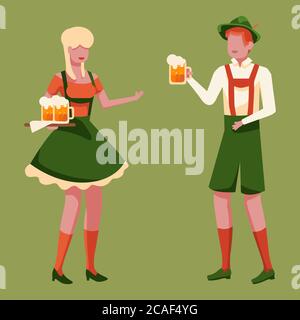 Holländisches Mädchen gibt einen Mann Becher Bier auf grünem Hintergrund. Oktoberfest-Party für Einladung oder Geschenkkarte, Notizbuch, Bierkneipen-Logo, Sammelalbum. Telefontasche oder Stock Vektor