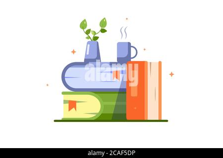 Ein Stapel Bücher mit einer Tasse und einem Blumentopf darauf. Stock Vektor