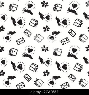 Vektor Geburtstag Geschenk nahtlose Muster. Handgezeichneter Linolschnitt, Signet im Doodle-Stil. Hochzeit, Muttertag, Valentinstag, Oberflächengestaltung . Modernes Pinseldesign auf weißem Hintergrund. Perfekt für Ihre Veranstaltung. Stock Vektor