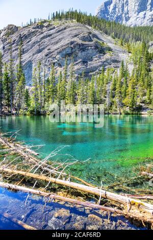 Smaragdfarbene Grassi Lakes in Canmore, Kananaskis, ein beliebter Wanderort in den kanadischen Rockies von Alberta, Kanada. Stockfoto