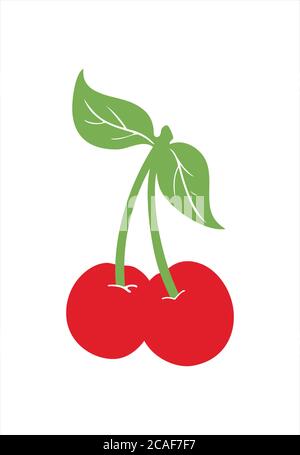 Frische Kirschbeeren mit Stängel und Blättern. Vektordarstellung auf weiß isoliert. Stock Vektor