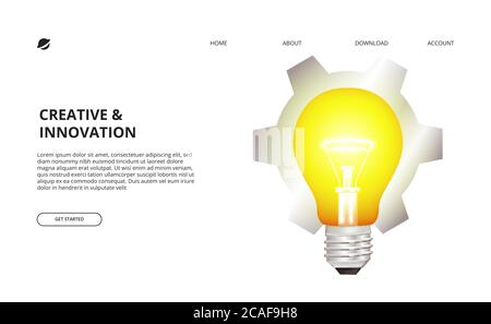 3D-Glühbirne Leuchten und Getriebe Illustration für Unternehmen, kreative Idee, Innovationskonzept Stock Vektor