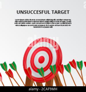 Erfolglos und scheitern Bogenschießen Pfeil auf 3D-Zielbrett. Aus und verpassen Ziel Geschäftsziele Illustration Konzept. Poster Banner Vorlage Stock Vektor
