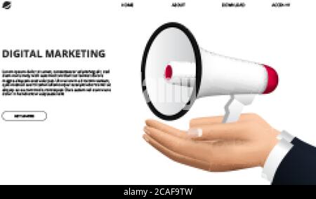 Promotion-Konzept mit Darstellung von 3D-Megaphon und Hand für Werbung, Marketing, Informationsgeschäft Stock Vektor