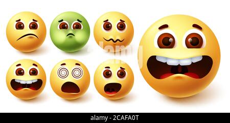 Emoji-Smiley-Vektorset. Smileys gelbe Emoji Gesicht in verschiedenen seltsamen Mimik wie verrückt, Erbrochenes, beängstigend, schwindelig und Überraschung für Avatar Stock Vektor