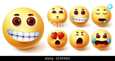 Smiley-Emoji-Vektorset. Emojis gelb niedlichen Gesicht mit glücklich, verliebt, schläfrig, Erbrochenes und weinende Stimmung Mimik für Charakter-Kollektion Design Stock Vektor