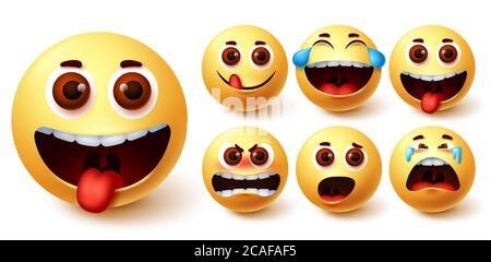 Smiley Emojis Vektorset. Smileys emoji niedliches gelbes Gesicht mit frech, wütend, lachend, überraschend, weinend und glücklichen Gefühlen für Design-Elemente. Stock Vektor