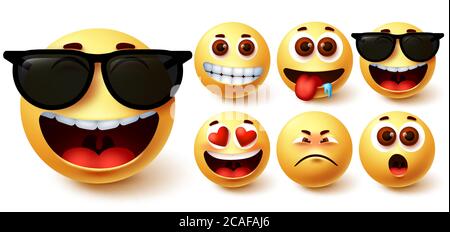 Emoji-Smiley-Vektorset. Niedliche gelbe Smileys Gesicht mit verschiedenen Gefühlen und Mimik wie glücklich in Sonnenbrillen, hungrig, Überraschung, in der Liebe Stock Vektor