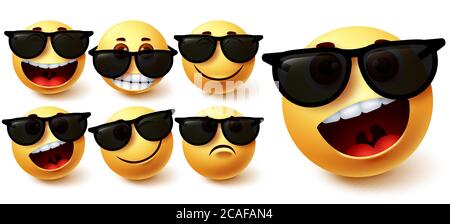 Smiley in Sonnenbrille Vektor-Set. Smileys Emoji Charakter trägt eine Brille mit verschiedenen Gesichtsausdruck wie niedlich, frech, verrückt und cool Stock Vektor