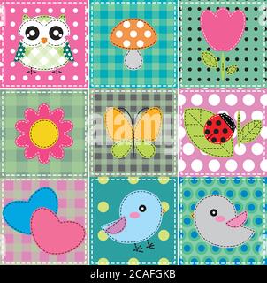 Hintergrund mit Herz, Blume, Pilze, Schmetterling und Vögel. Vektorgrafik Stock Vektor