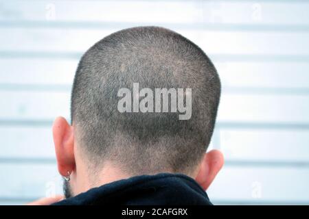 Nahaufnahme des Hinterkopfes des jungen Mannes. Der Mann hat einen Buzz-Schnitt und trägt Ohrringe Stockfoto