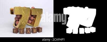 Nummer 77 (Nummer siebenundsiebzig) Jubiläumsfeier Design mit runden Süßigkeiten und die Inschrift Jahre aus Würfeln auf weißem Hintergrund mit Sha Stockfoto