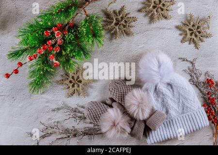Weihnachtstanne mit roten Beeren, Schneeflocken und Fäustlingen mit Hut auf weißem Hintergrund. Stockfoto