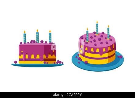 Geburtstagskuchen in zwei Ansichten. Cremekuchen mit Kerzen und Beeren für eine Party oder Feier. Flache Vektorgrafik isoliert auf weißem Hintergrund Stock Vektor