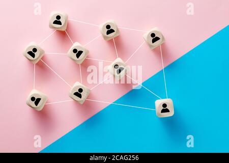 Organisationsstruktur, Teambildung, Rekrutierung, Unternehmensführung und Personalkonzepte. Personensymbole auf Holzwürfeln, die mit jeder der beiden verbunden sind Stockfoto