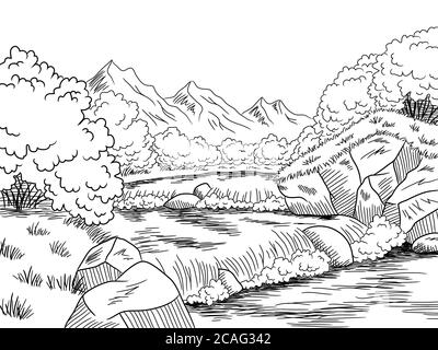 Mountain River Grafik schwarz weiß Landschaft Skizze Illustration Vektor Stock Vektor