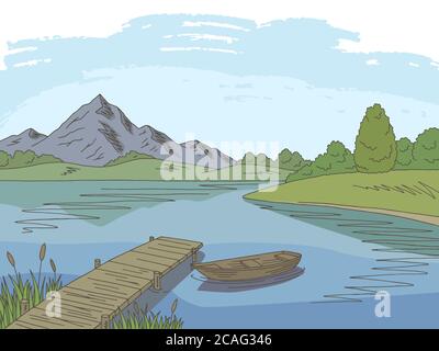 See Brücke Grafik Farbe Landschaft Skizze Illustration Vektor Stock Vektor