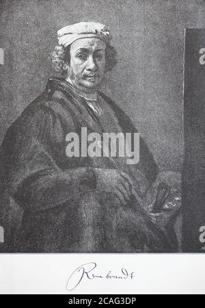Rembrandt ist, 15. Juli 1606 - 4. Oktober 1669 gilt als einer der wichtigsten und berühmtesten niederländischen Künstler des Barock, Selbstporträt / Rembrandt Harmenszoon van Rijn, 15. Juli 1606 - 4. Oktober 1669 gilt als einer der bedeutendsten und bekanntesten niederlaendischen Kuenstler des Barocks, Selbstbildnis, Historisch, historisch, digital verbesserte Reproduktion eines Originals aus dem 19. Jahrhundert / digitale Reproduktion einer Originalvorlage aus dem 19ten Jahrhundert. Jahrhundert, Stockfoto