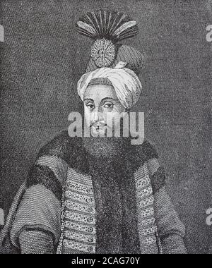 1762 Selim III, 24. Dezember bis 28. Juli 1808 1789-1807 Sultan des Osmanischen Reiches. / Selim III., 24. Dezember 1762 - 28. Juli 1808, von 1789 bis 1807 Sultan des Osmanischen Reiches, Historisch, historisch, digital verbesserte Reproduktion eines Originals aus dem 19. Jahrhundert / digitale Reproduktion einer Originalvorlage aus dem 19ten Jahrhundert. Jahrhundert, Stockfoto