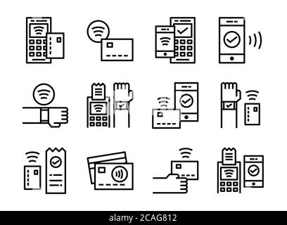 Kontaktloses Zahlungssymbol im Inline-Stil. Symbole für Website, Magazin, App und Design. Stock Vektor