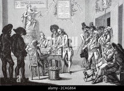 Französische Revolution, Flugblatt zur Abschaffung des Ordens, Gleichheit, 17. August 1793 / Französische Revolution, Flugblatt betrifft die Abschaffung der Orden, Gleichheit, 17. August 1793, Historisch, historisch, digital verbesserte Reproduktion eines Originals aus dem 19. Jahrhundert / digitale Reproduktion einer Originalvorlage aus dem 19. Jahrhundert, Stockfoto