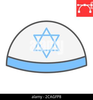 Kippah Farbe Linie Symbol, rosh hashanah und yarmulke, jüdische Kappe Zeichen Vektorgrafik, editierbare Kontur gefüllt Umrisssymbol, eps 10. Stock Vektor