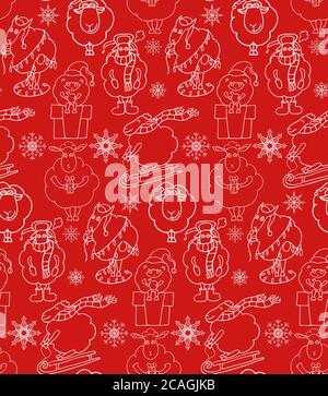 Nahtlose Textur mit Umriss Weihnachten Urlaub Cartoon Schafe. Vektor-Hintergrund für Wraps, Tapete, Stoff und Ihre Kreativität Stock Vektor