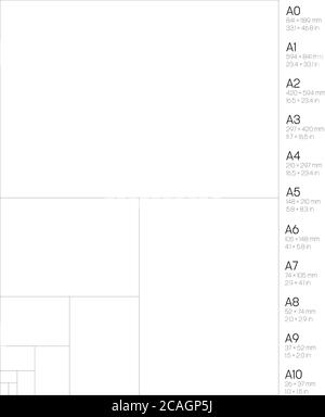 Papierformate der Serie A. Mit Etiketten und Abmessungen in Millimetern und Zoll. Einfache flache Vektorgrafik. Stock Vektor