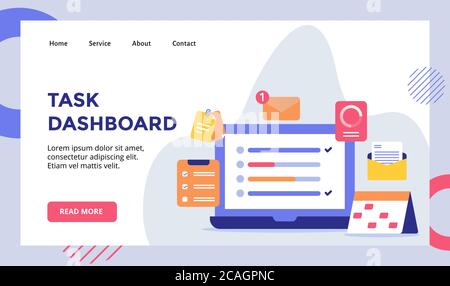 Fragen Sie Dashboard Laptop Hintergrund des Kalenders Zwischenablage Checkliste E-Mail-Kampagne für Web-Website Startseite Landing Page Vorlage Banner mit flach Stock Vektor