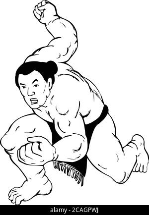 Ukiyo-e oder Ukiyo Stil Illustration eines professionellen Sumo Wrestler oder Rikishi in Kampfhaltung von vorne auf isolierten Hintergrund in bla getan gesehen Stock Vektor