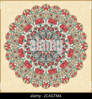 Nahtlose bunte florale handgezeichnete Muster mit Mandala. Kreis Ornament in Retro-Farben. Traditionelles orientalisches Muster. Stockfoto