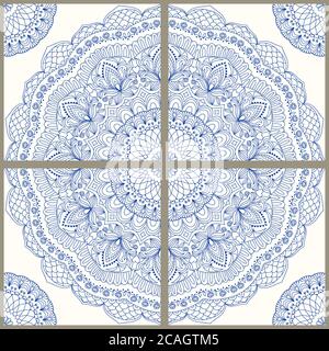 Majolika-Keramikfliesen, blaues und weißes Azulejo, original traditionelle portugiesische und spanische Einrichtung. Nahtlose Patchwork-Fliese mit viktorianischen Motiven. Stockfoto