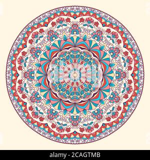 Nahtlose bunte florale handgezeichnete Muster mit Mandala. Kreis Ornament in Retro-Farben. Traditionelles orientalisches Muster. Stockfoto