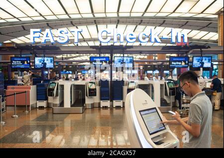 31.01.2020, Singapore, , Singapore - schneller Check-in-Bereich mit elektronischen Check-in-Automaten im Terminal 2 am Changi International Airport, nur einige von uns Stockfoto