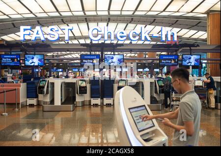 31.01.2020, Singapore, , Singapore - schneller Check-in-Bereich mit elektronischen Check-in-Automaten im Terminal 2 am Changi International Airport, nur einige von uns Stockfoto